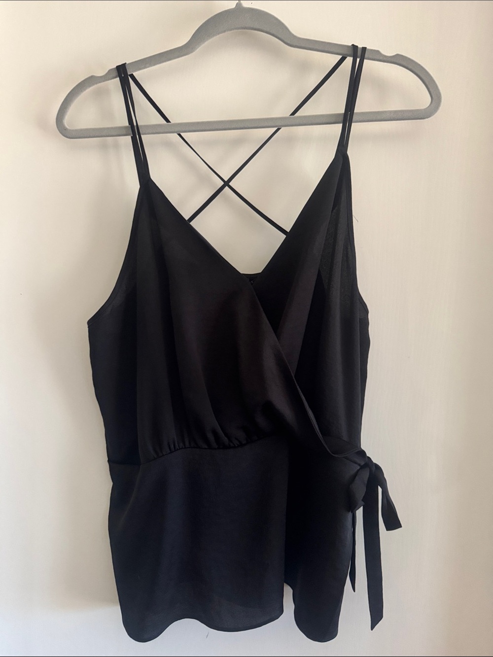Express Black Satin Wrap Tank with Crisscross Back Straps